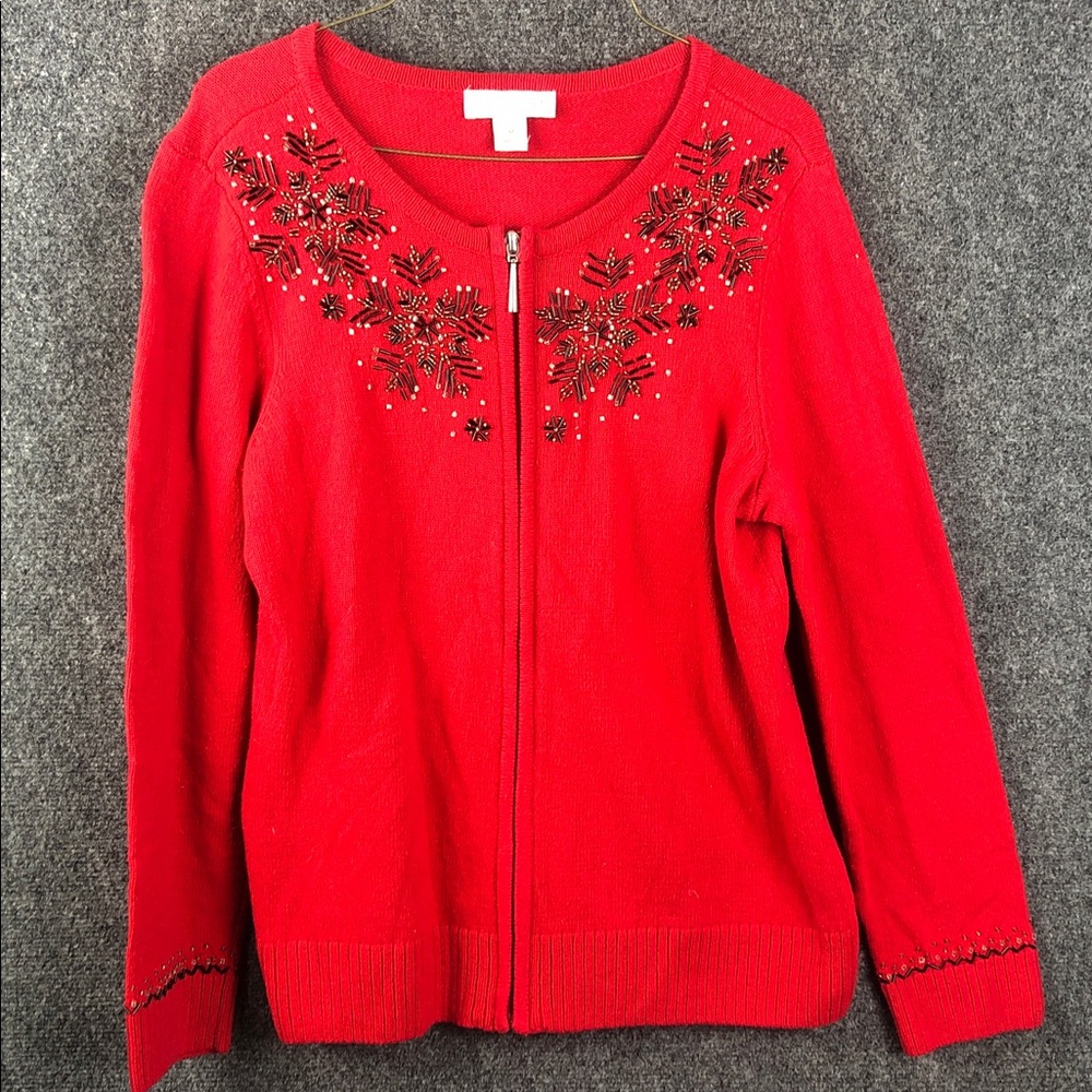 Christopher & Banks Red Floral Embroidered Cardigan women’s size medium holiday